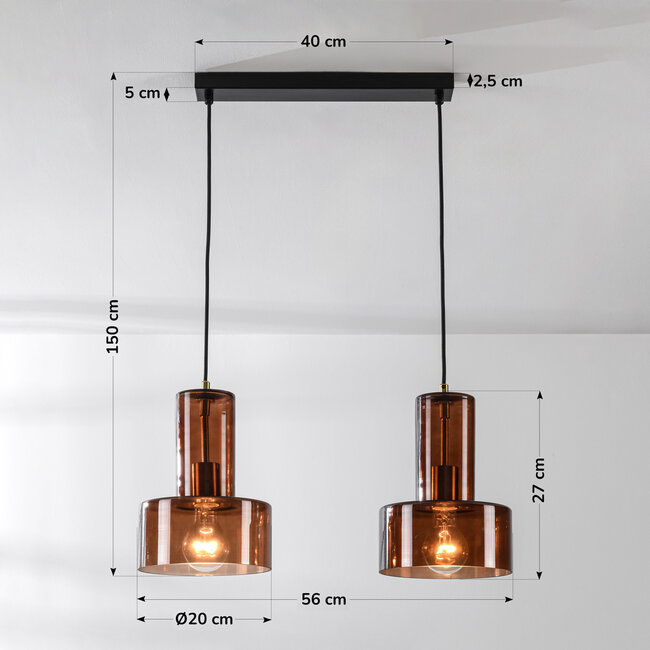 Lampe suspendue Talph avec verre brun, 2 lumières
