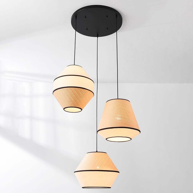 Lampe suspendue Japandi à 3 lumières Rep avec abat-jour naturels en tissu et corde tressée