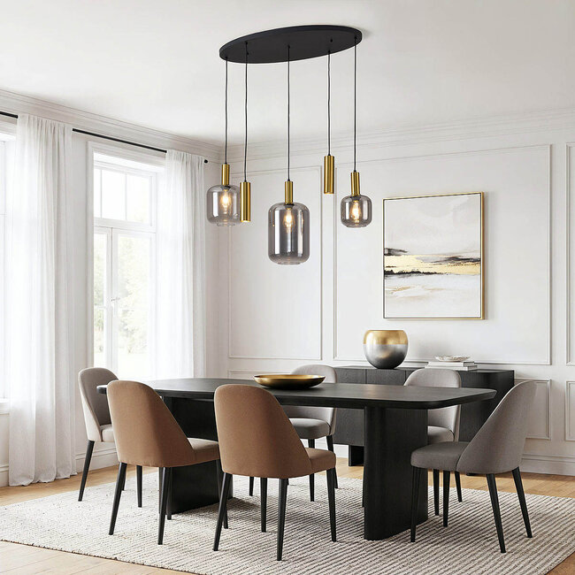 Lampe suspendue moderne Yoku avec verre fumé et détails en laiton doré, 5 lumières
