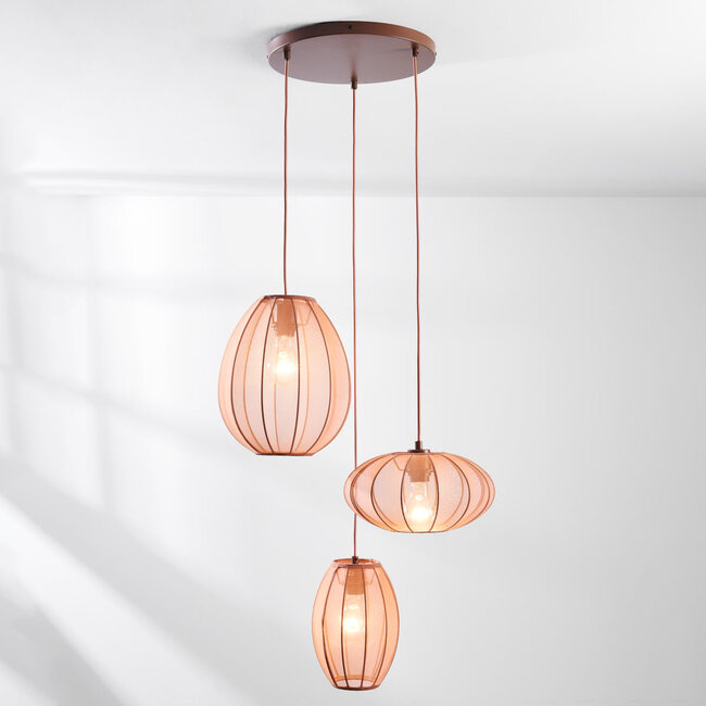 Suspension Japandi Velora à 3 lumières avec abat-jour en tissu rose