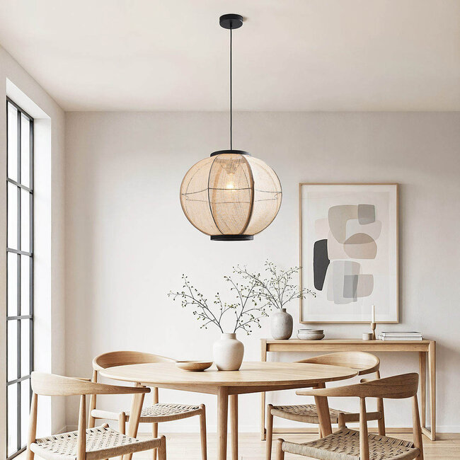 Lampe suspendue Japandi Chairo - lin naturel et bois noir