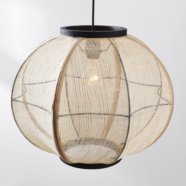 Lampe suspendue Japandi Chairo - lin naturel et bois noir