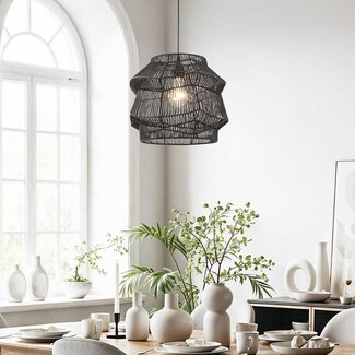 Lampe suspendue boho Noru en papier tressé noir