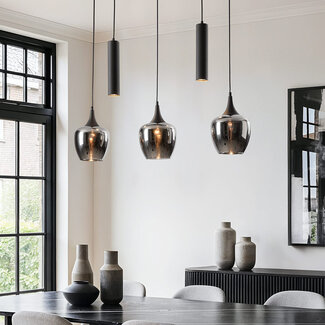 Suspension Eloi à 5 lumières avec trois abat-jours en verre fumé et deux spots GU10