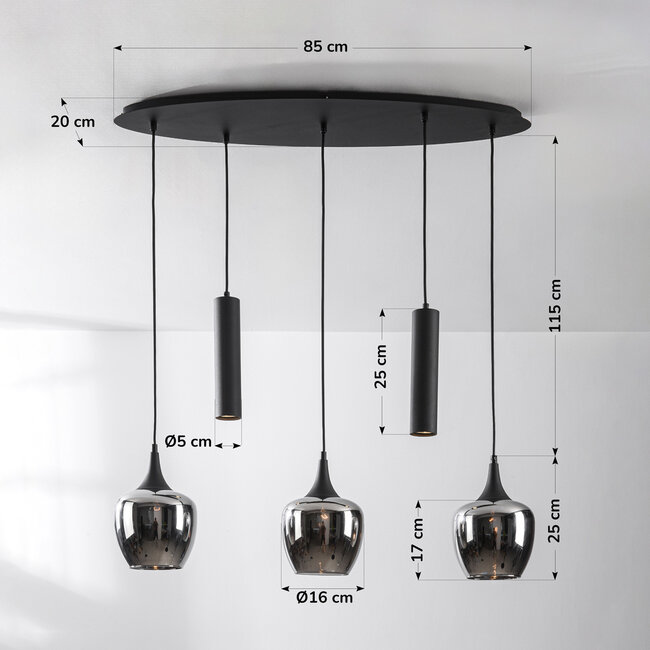 Suspension Eloi à 5 lumières avec trois abat-jours en verre fumé et deux spots GU10