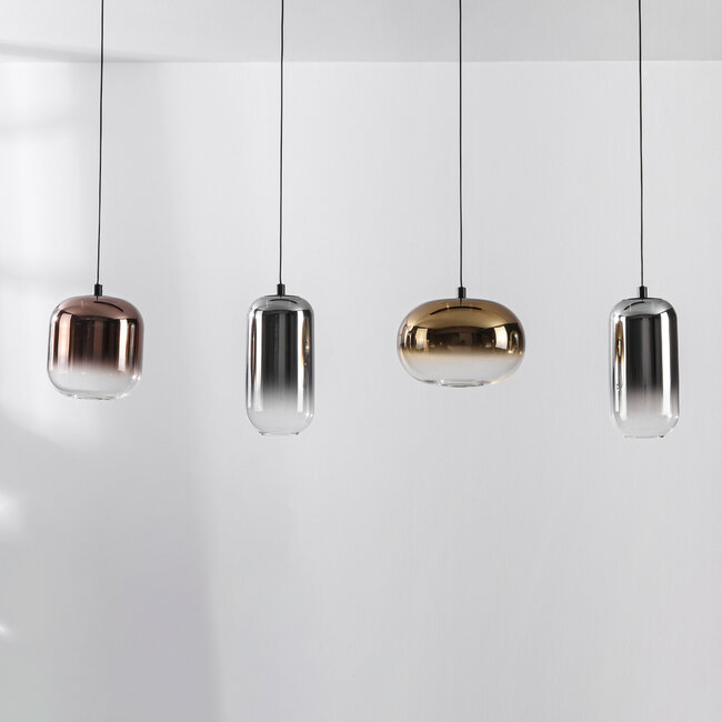 Suspension Kohi 4 lumières avec LED, variateur à 3 niveaux et abat-jours en verre doré, fumé et cuivré