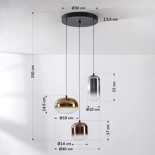Suspension Kafei à 3 lumières avec LED, variateur à 3 niveaux et abat-jours en verre doré, fumé et cuivré