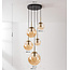 Suspension Marui à 5 lumières avec boules en verre ambré et accents dorés