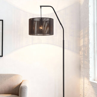 Lampadaire Yoko noir avec abat-jour en papier cordé, 1 lumière