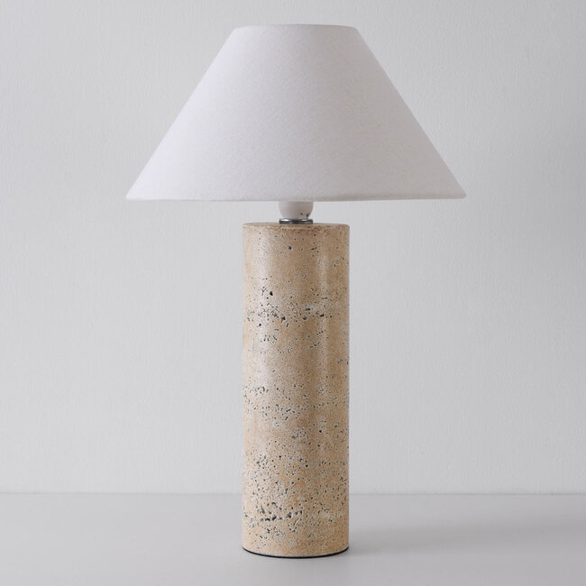 Lampe de table Japandi Table avec pied en travertin optique et abat-jour en lin