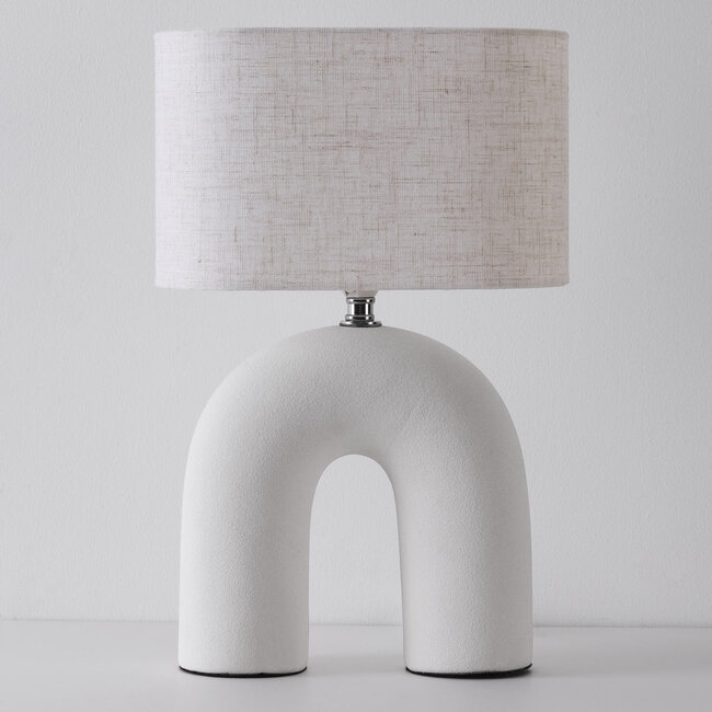 Lampe à poser Japandi Poyta - céramique blanche avec abat-jour en lin