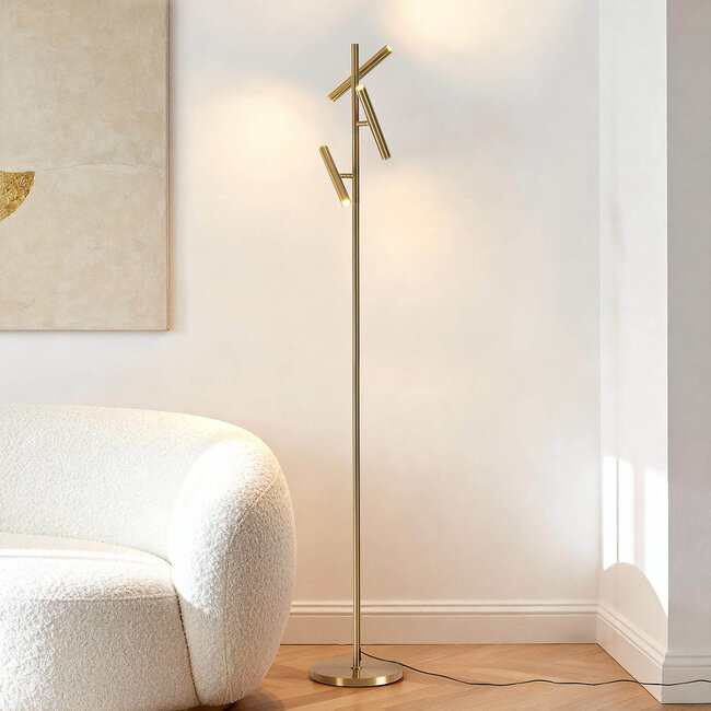 Lampadaire de luxe Zhan doré avec 3 spots, variateur tactile et éclairage haut/bas