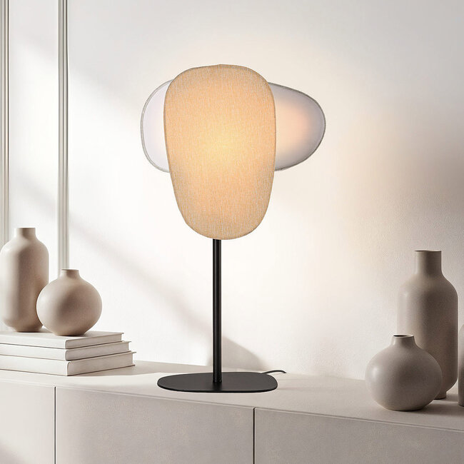Lampe de table Tavora avec deux abat-jours en lin, teintes claires et naturelles