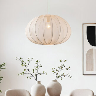 Lampe suspendue Japandi Fayra - abat-jour rond en tissu beige clair Ø60 cm