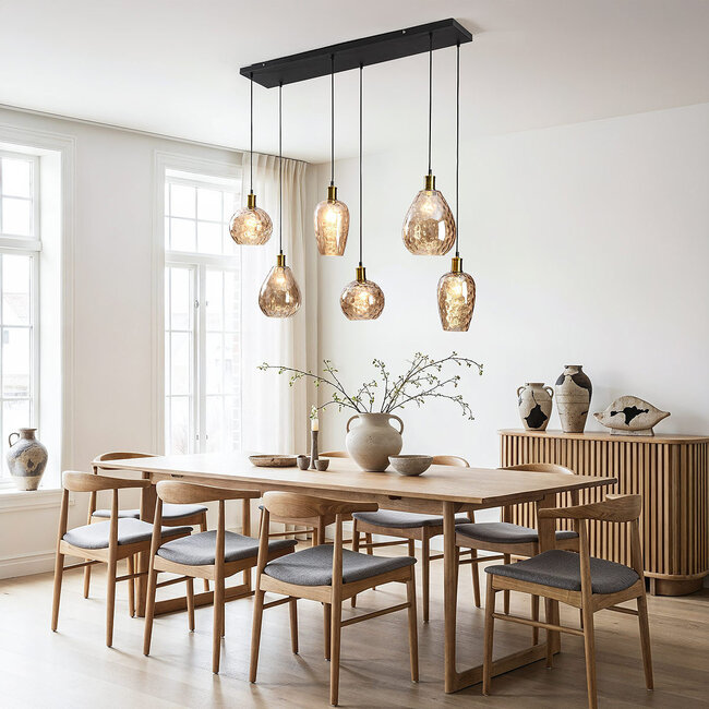 Lampe suspendue Nilo - 6-lumières en verre ambré et détail convexe