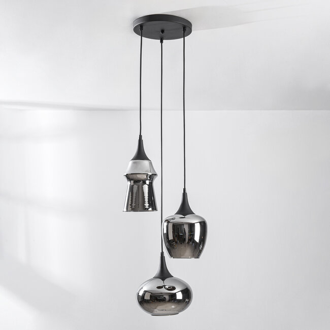Lampe suspendue design Zian - 3 lumières noires avec verre fumé à effet miroir de différentes formes
