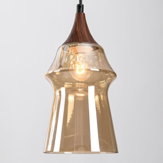 Lampe suspendue Lior noir avec aspect bois et verre ambré de différentes formes - 6-light