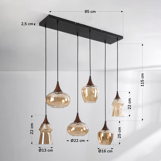 Suspension Lior à 6 lumières - noir, aspect bois et verre ambré