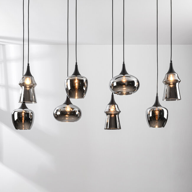 Lampe suspendue Cael noir avec verre fumé à effet miroir de différentes formes - 8-light
