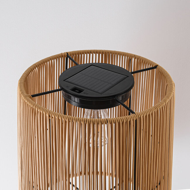 Lampadaire solaire Elyra avec abat-jour aspect rotin - noir et brun naturel