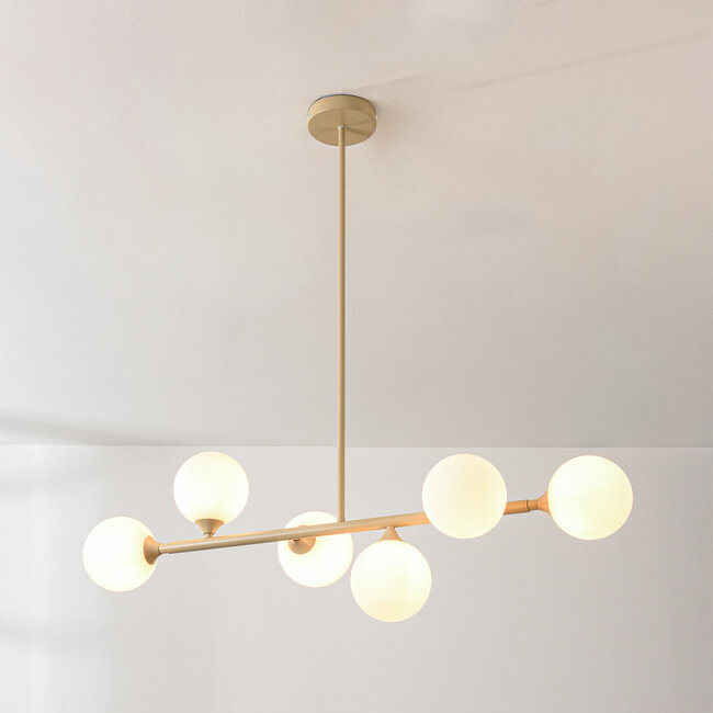 Suspension design Aster - beige avec verre blanc laiteux, 6 lumières