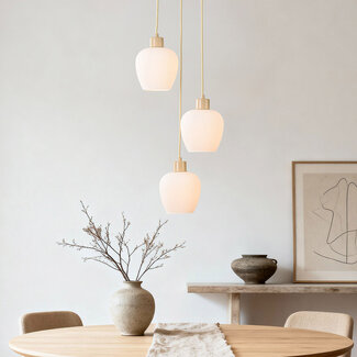Suspension moderne Stockton - beige avec verre blanc laiteux, 3 lumières