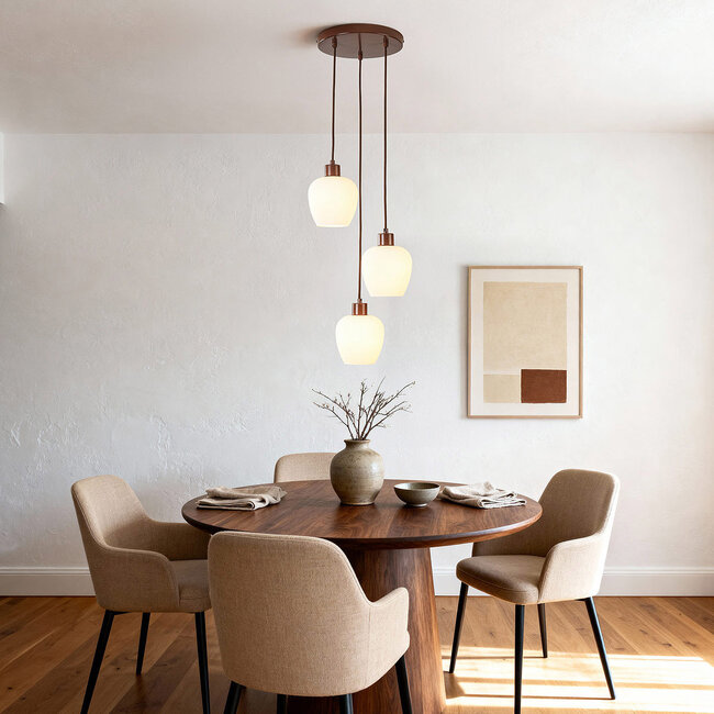 Suspension moderne Stockton - marron avec verre blanc laiteux, 3 lumières