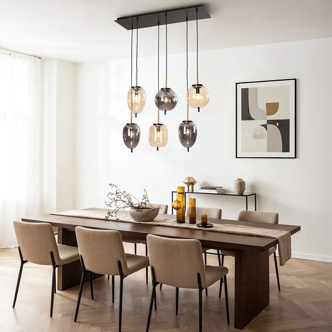 Suspension à 6 lumières Phora avec verre fumé et verre ambré et accents dorés