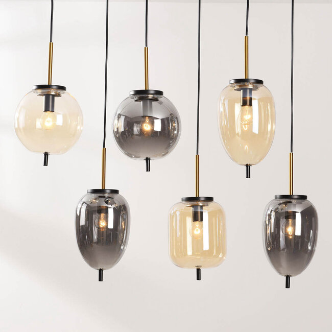 Suspension à 6 lumières Phora avec verre fumé et verre ambré et accents dorés