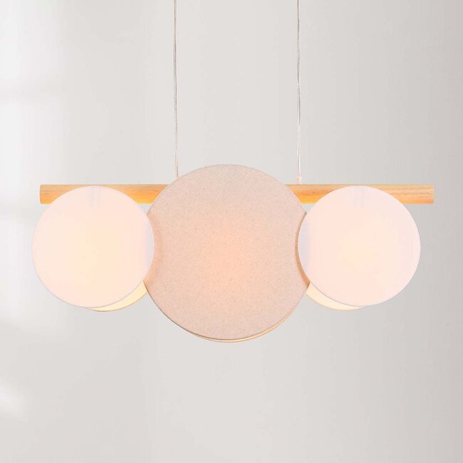 Suspension moderne à 3 lumières Zenna – lin naturel avec accents bois et blancs