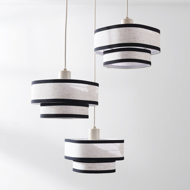 Suspension Luxin à 3 lumières - doubles abat-jour en lin blanc cassé et noir