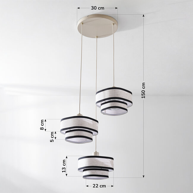 Suspension à 3 lumières Luxin avec double abat-jour en lin – blanc cassé avec accents noirs