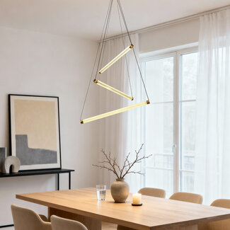 Suspension design Noqta avec 3 tiges lumineuses en laiton doré – dimmable par triac