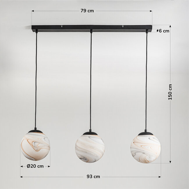 Suspension Marbelle à 3 lumières - globes en verre aspect marbre - noir