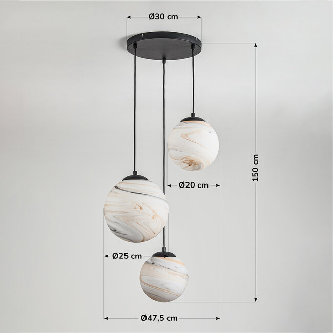 Suspension design Marbelle noire avec verre aspect marbre – 3 lumières