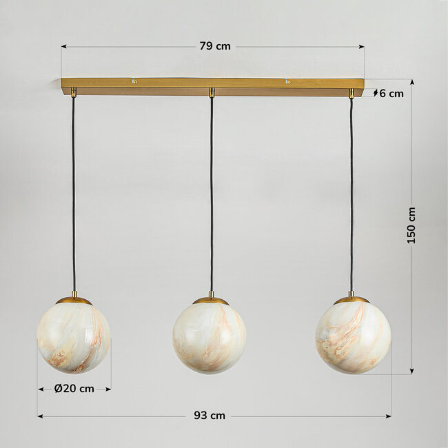 Suspension Tessra avec trois boules aspect marbre et accents dorés en laiton