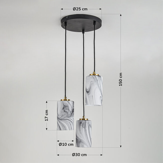 Suspension à 3 lumières Vetra avec abat-jours en verre aspect marbre – laiton doré et noir