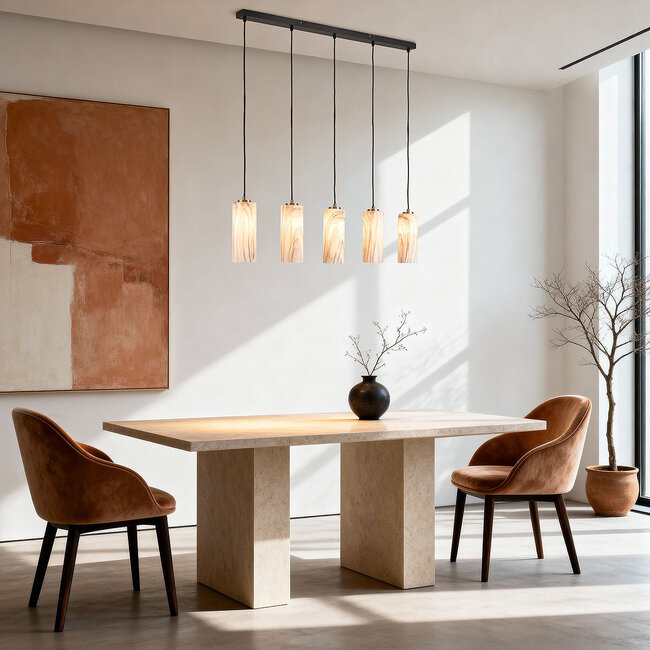 Suspension Vetra avec abat-jours en verre aspect marbre 5 lumières – laiton doré et noir