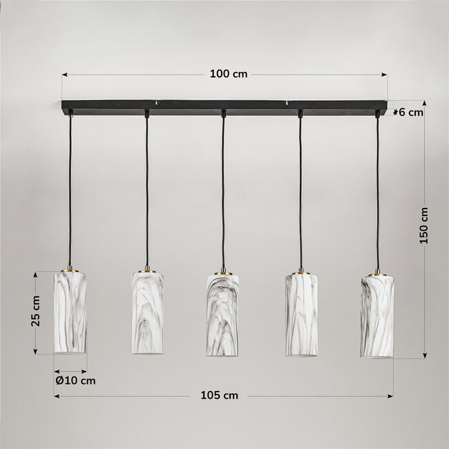 Suspension Vetra avec abat-jours en verre aspect marbre 5 lumières – laiton doré et noir