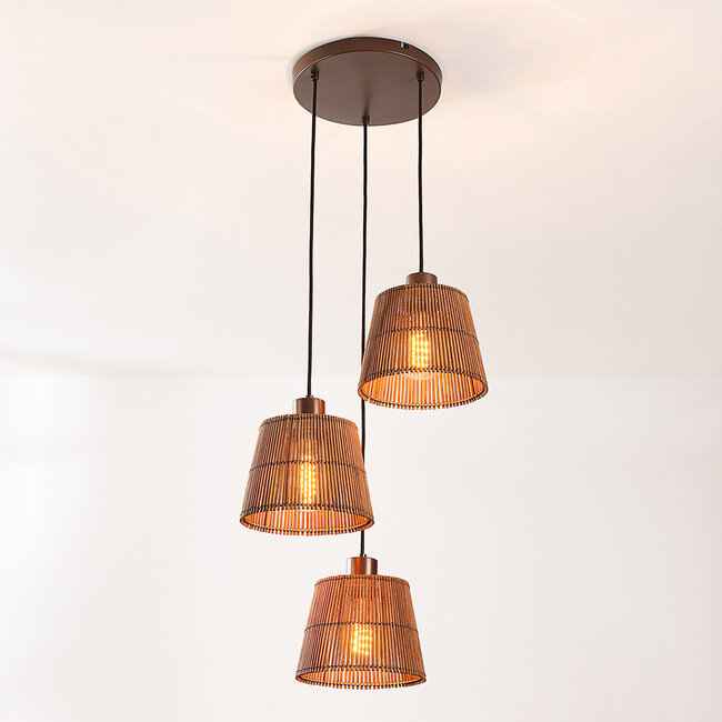 Suspension design Tami 3 lumières avec bambou naturel et bronze chaud