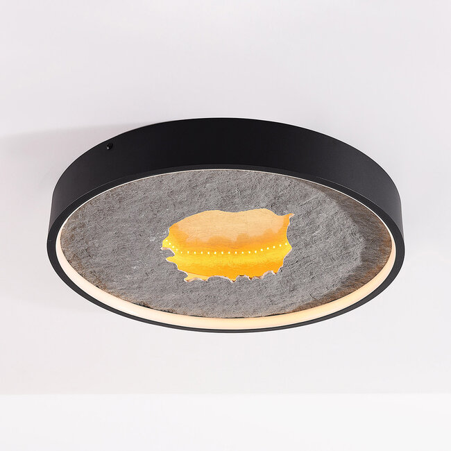Plafonnier Cercul Ø40 cm noir avec effet pierre grise et effet feuille d'or – dimmable à 3 étapes
