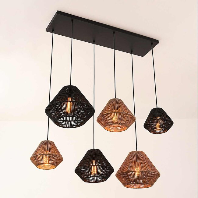 Suspension à 6 lumières Ivero en corde de papier noir et marron