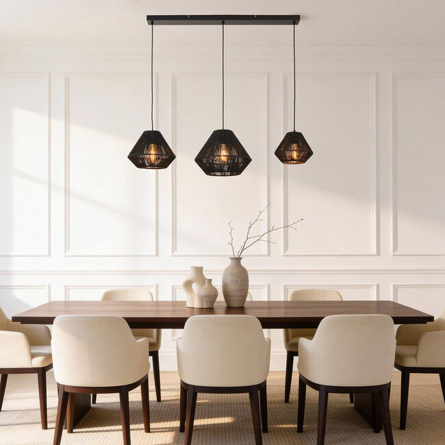 Suspension moderne Ives en corde de papier noire, 3 lumières