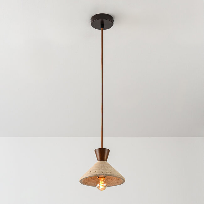 Suspension Japandi Mara en travertin (pierre naturelle) et bois