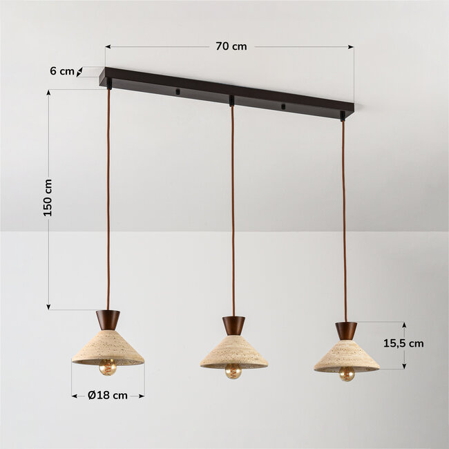 Suspension Japandi à 3 lumières Mara en travertin (pierre naturelle) et bois
