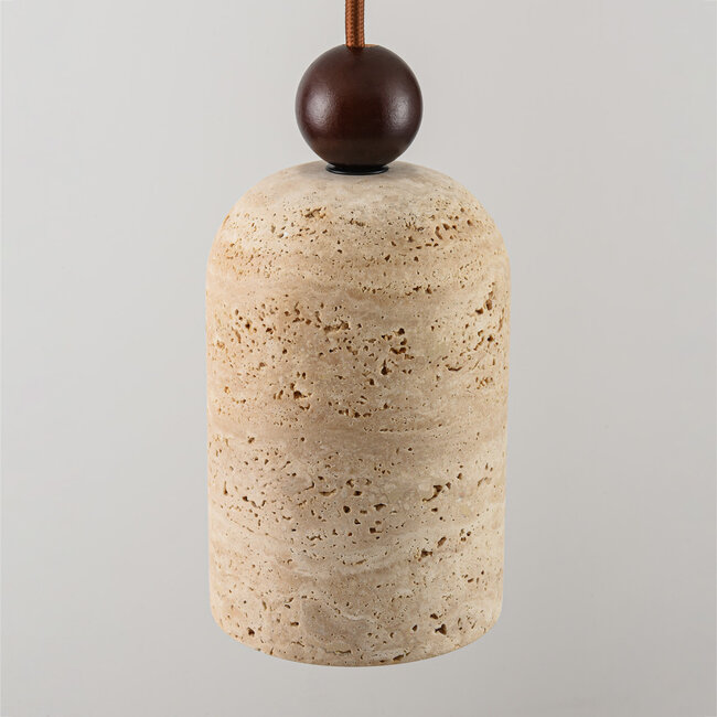 Suspension Japandi Voro en travertin (pierre naturelle) et bois, 2 lumières