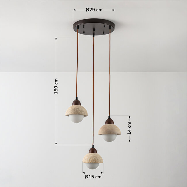 Suspension Vado à 3 lumières - travertin (pierre naturelle) et verre, ronde