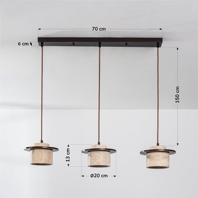 Suspension Japandi Travano à 3 lumières en travertin (pierre naturelle) et bois