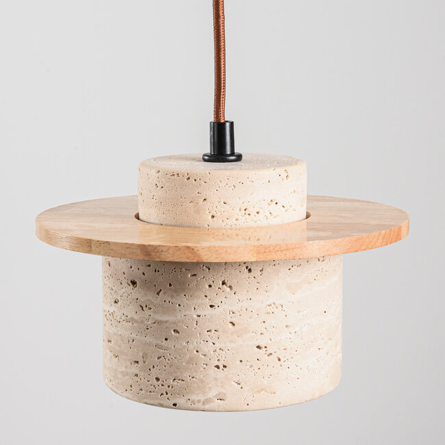 Suspension japandi à 3 lumières Travia en travertin (pierre naturelle) et bois clair