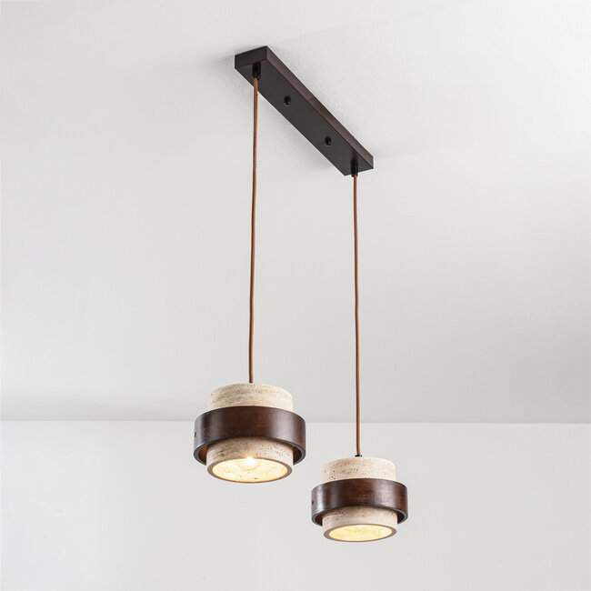 Suspension à 2 lumières Travé en travertin (pierre naturelle) et bois